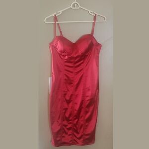 Sleek Red Satin Spagetti Strap Dress